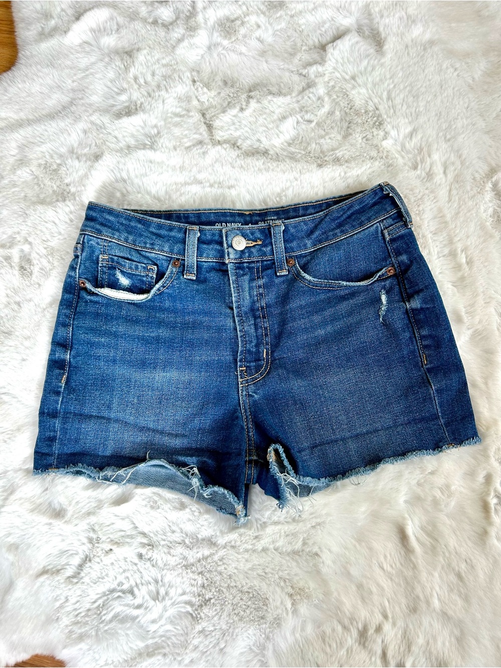 Old Navy Women's Hi-Rise OG Straight Dark Blue Denim Cutoff Shorts 4